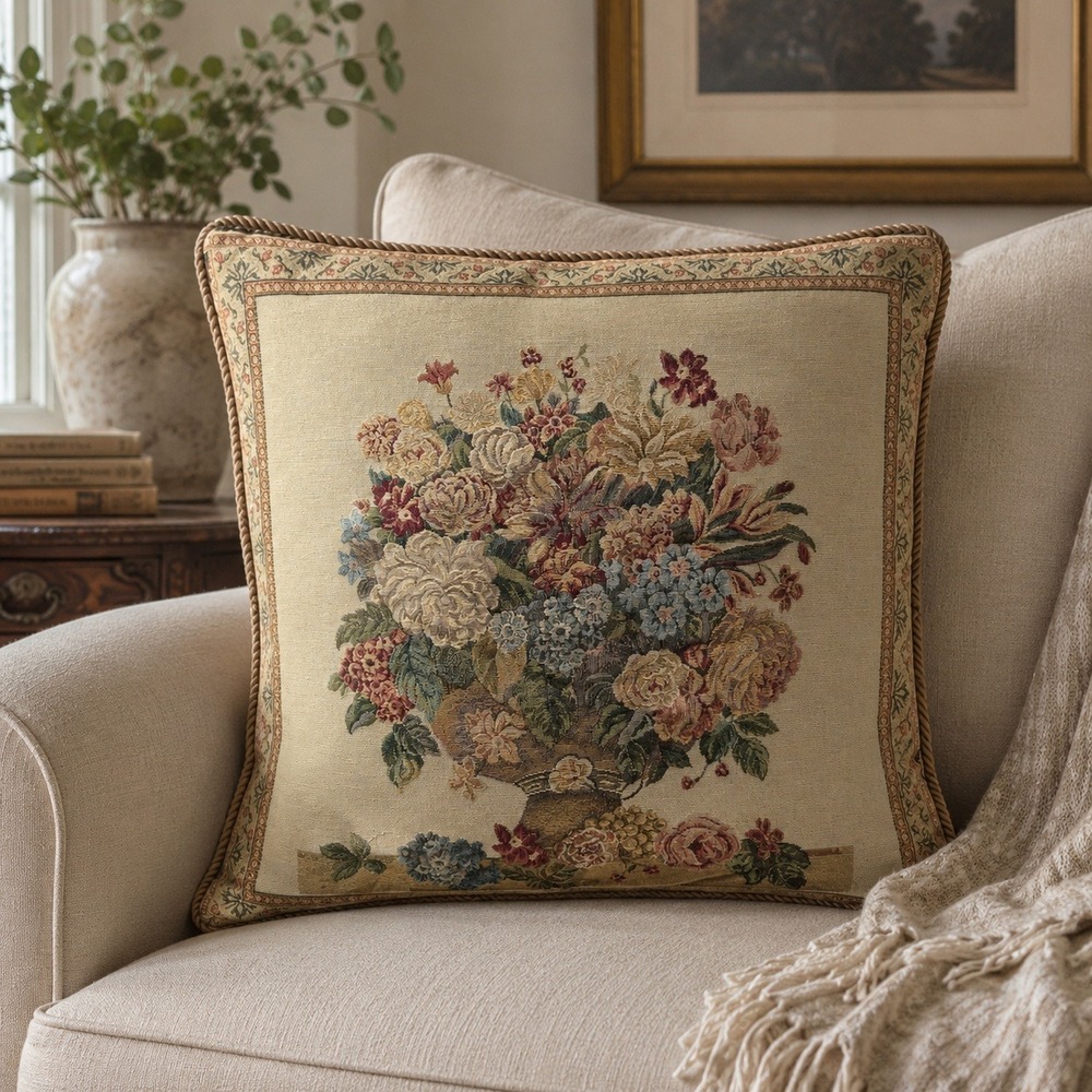 Ashford Court Tapestry Throw Pillow Beige Floral Rope Trim Cottage VTG 23X23 BIG